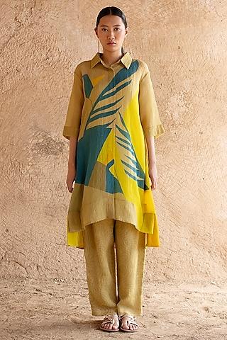 deep yellow shimmer cupro wrinkle abstract printed tunic set