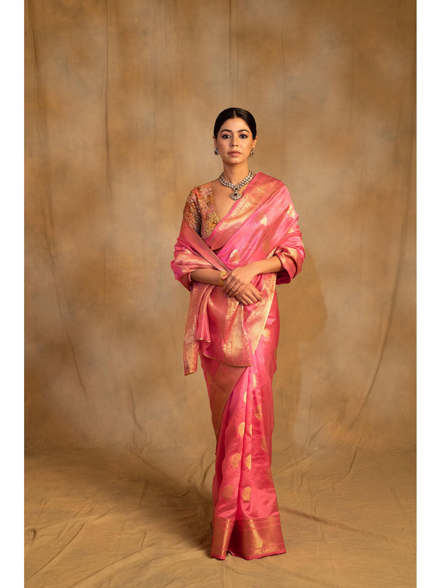 deepa pink silk chanderi saree with unstitched blouse