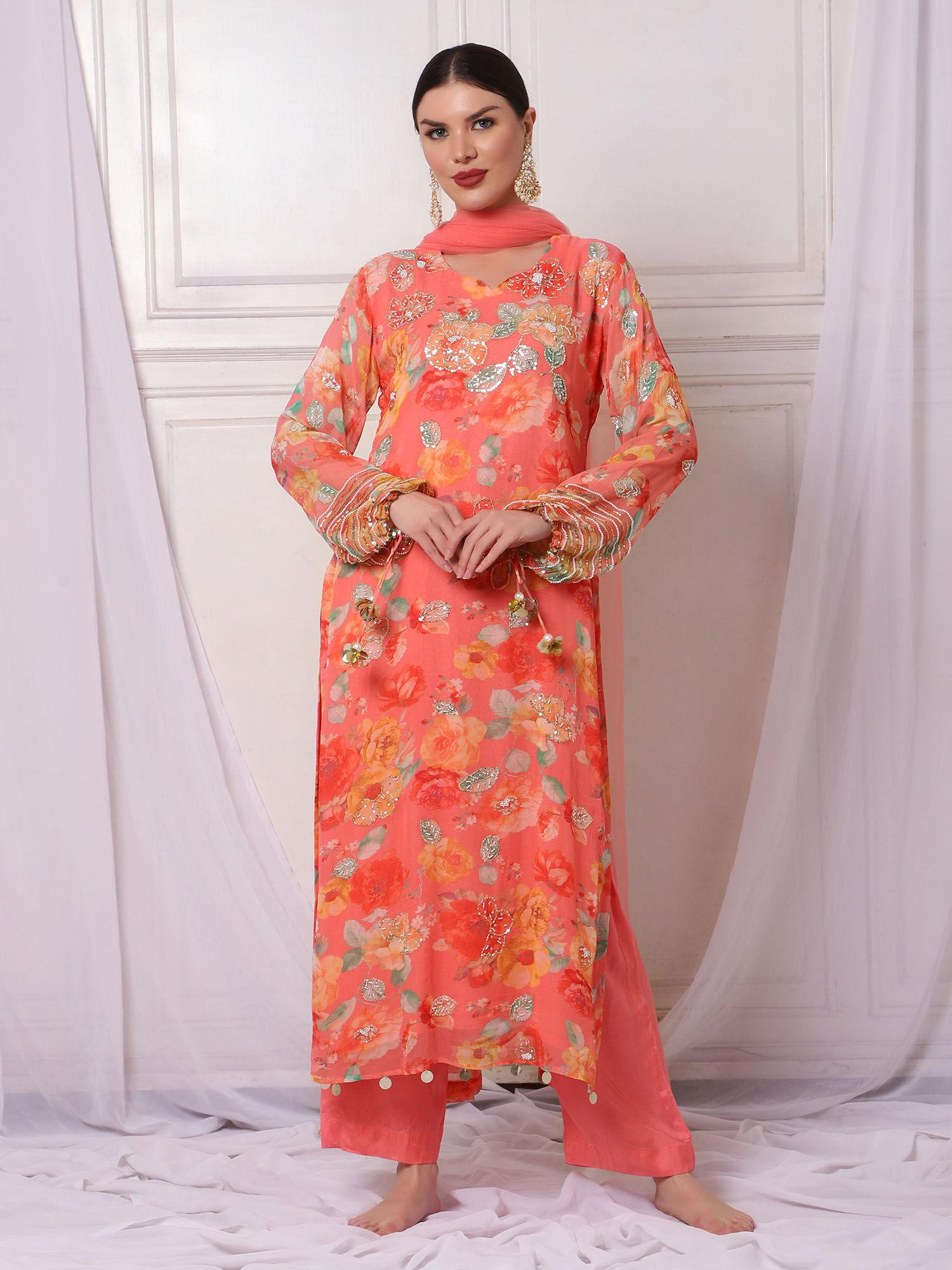 deepani orange floral kurta with pant & dupatta (set of 3)