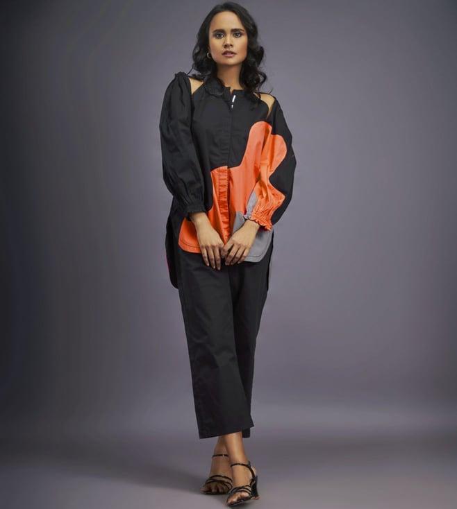 deepika arora black & orange blockbuster 2.0 cold shoulder shirt