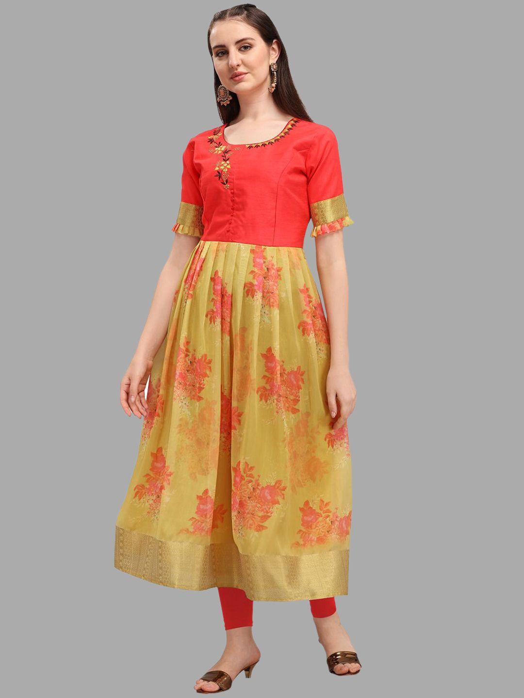 deetya arts floral printed thread work anarkali cotton kurta