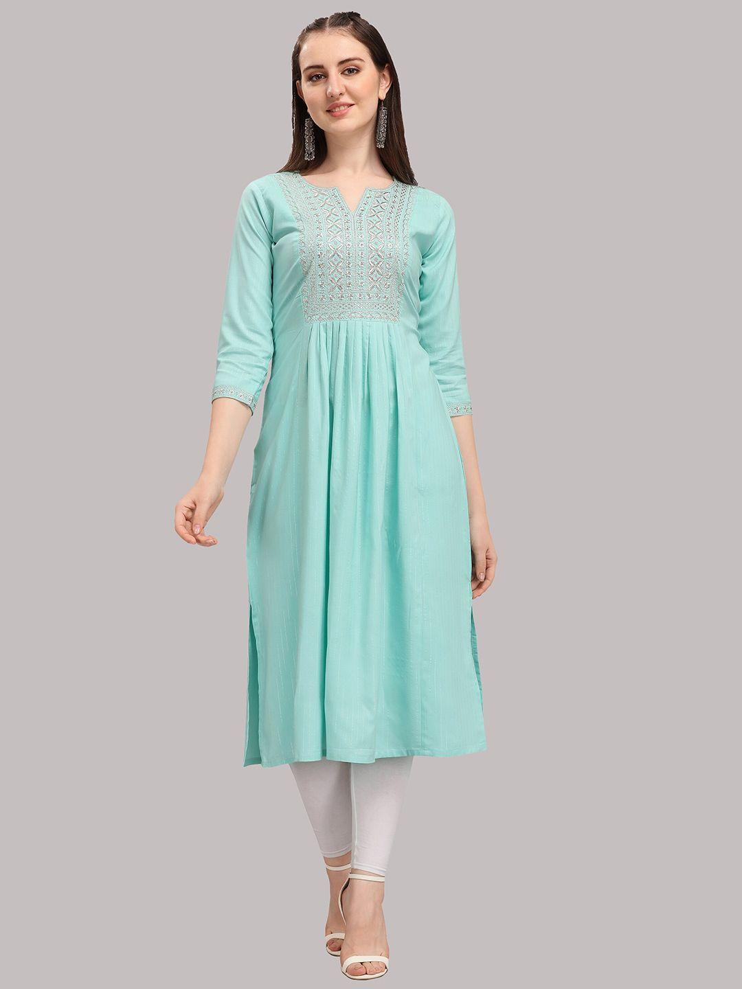 deetya arts women turquoise blue floral yoke design thread work floral kurta