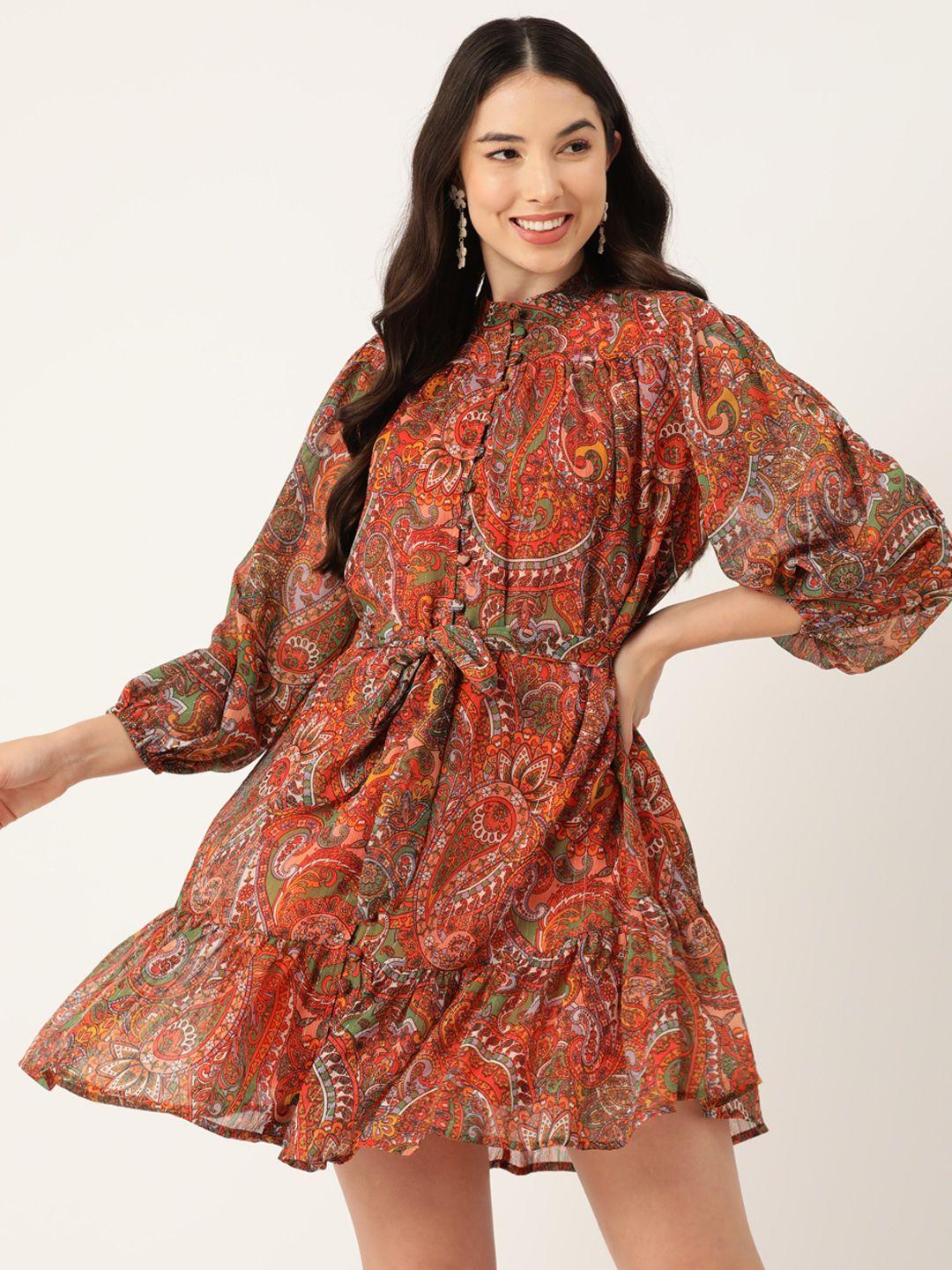 deewa ethnic motifs print puff sleeve chiffon fit & flare dress