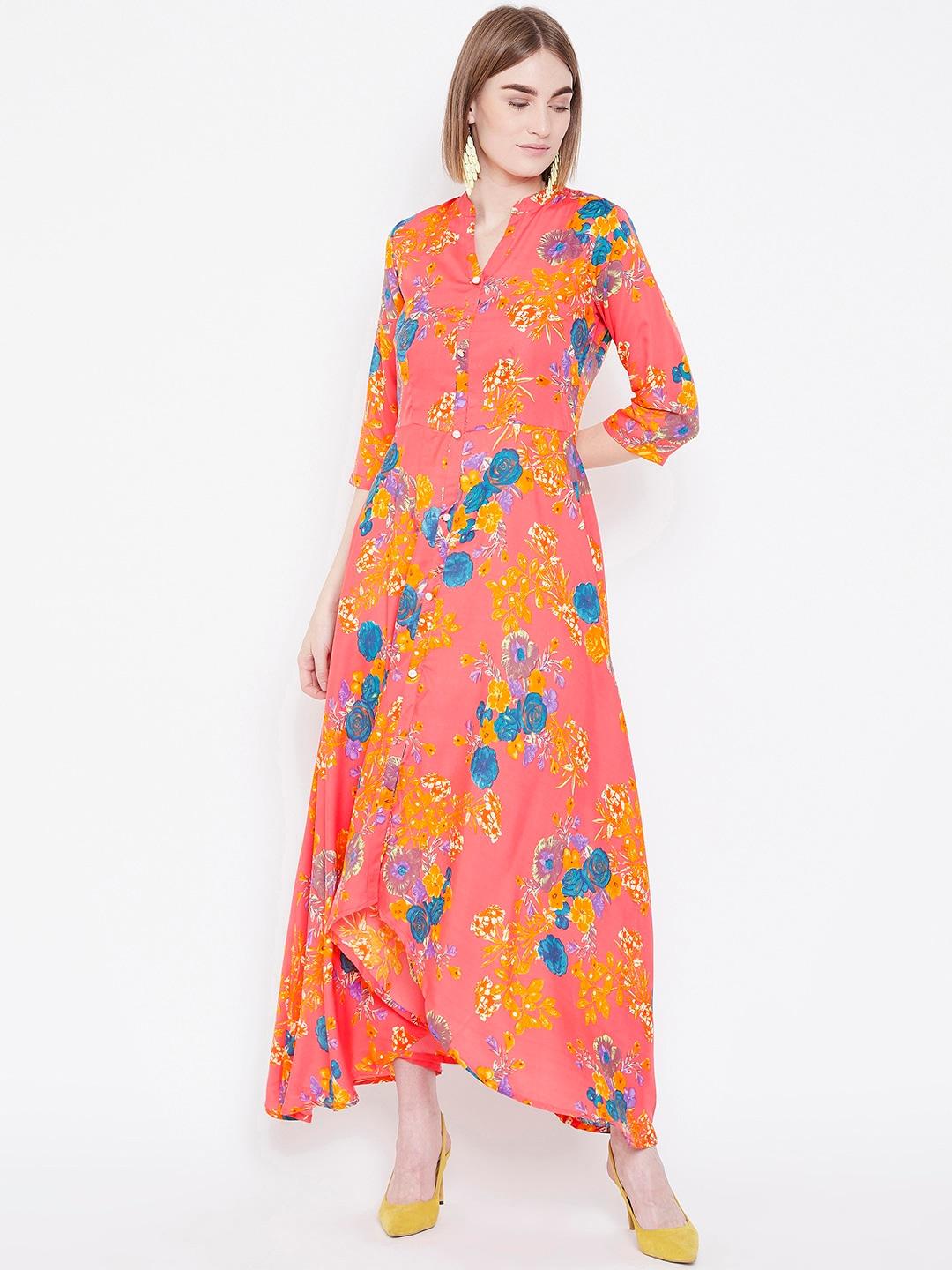 deewa women coral pink & blue floral printed maxi dress