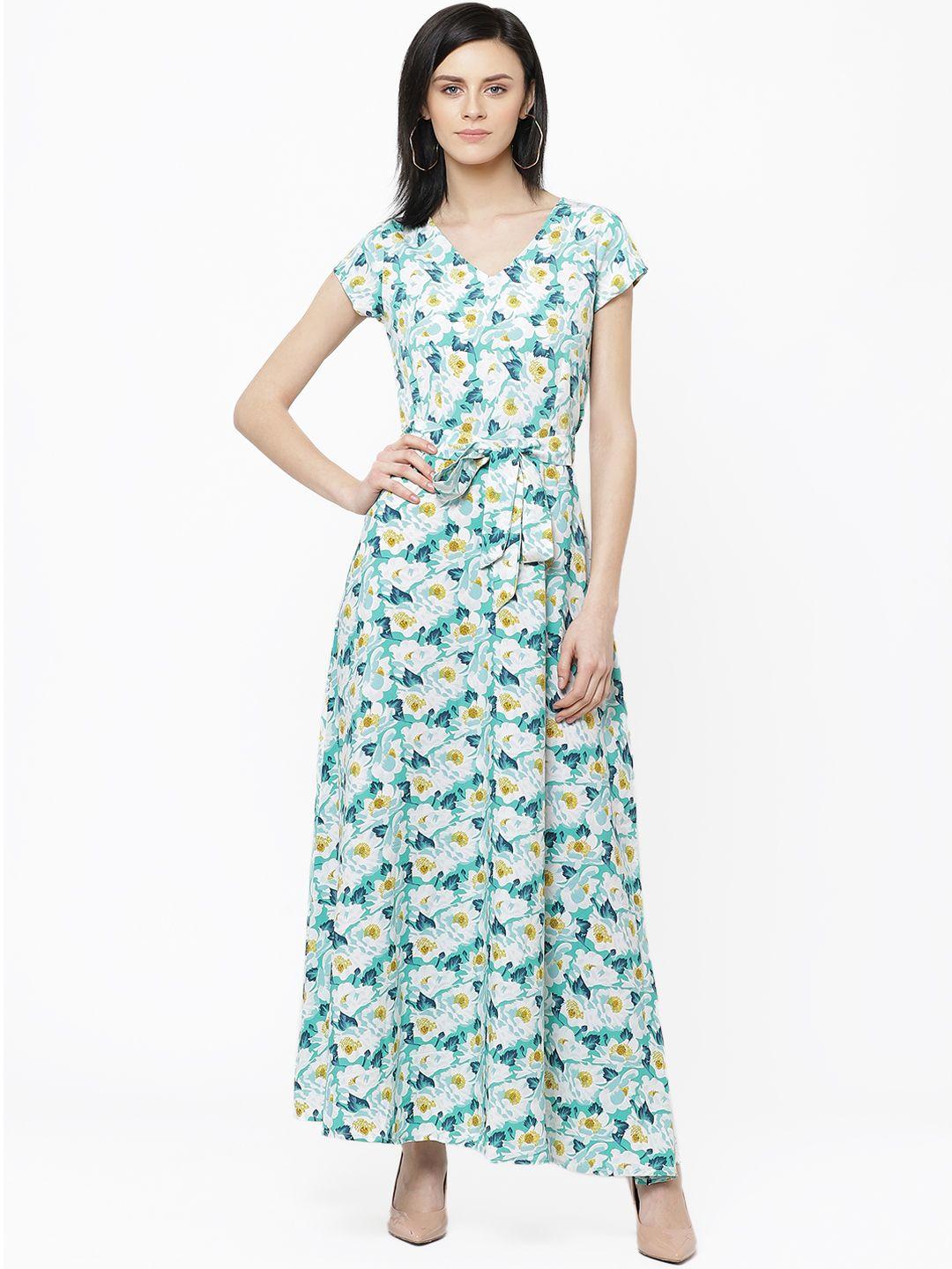 deewa women green & white floral printed maxi dress