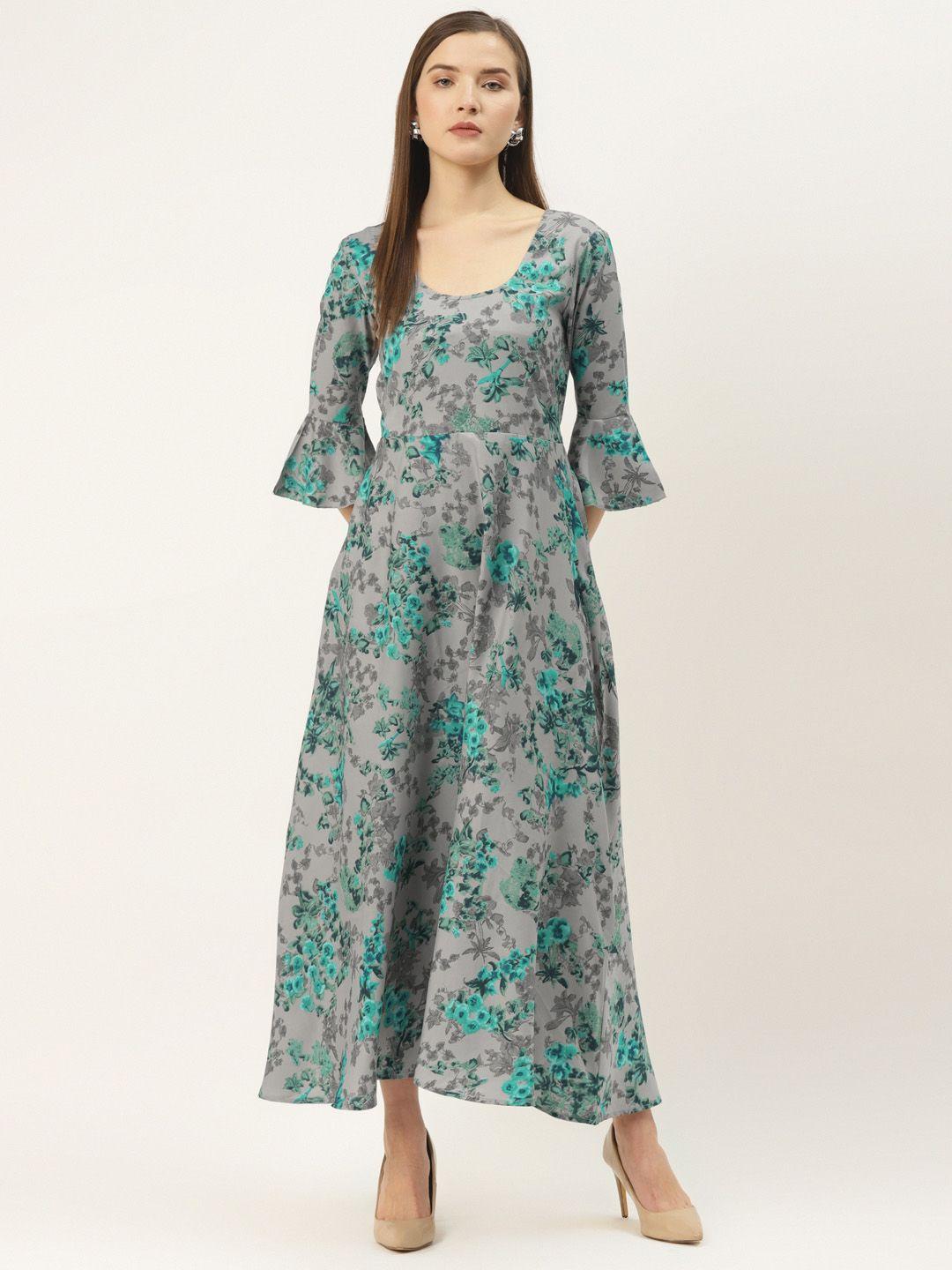 deewa women grey & green floral printed maxi dress