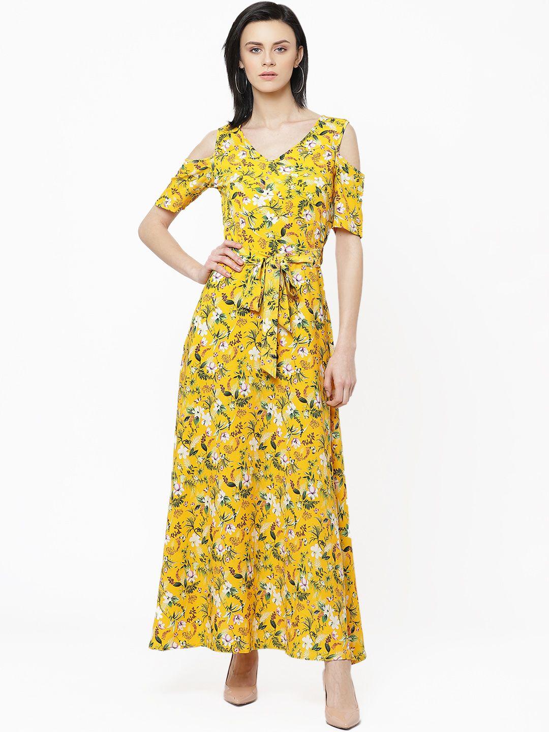 deewa women mustard yellow & green floral printed maxi dress