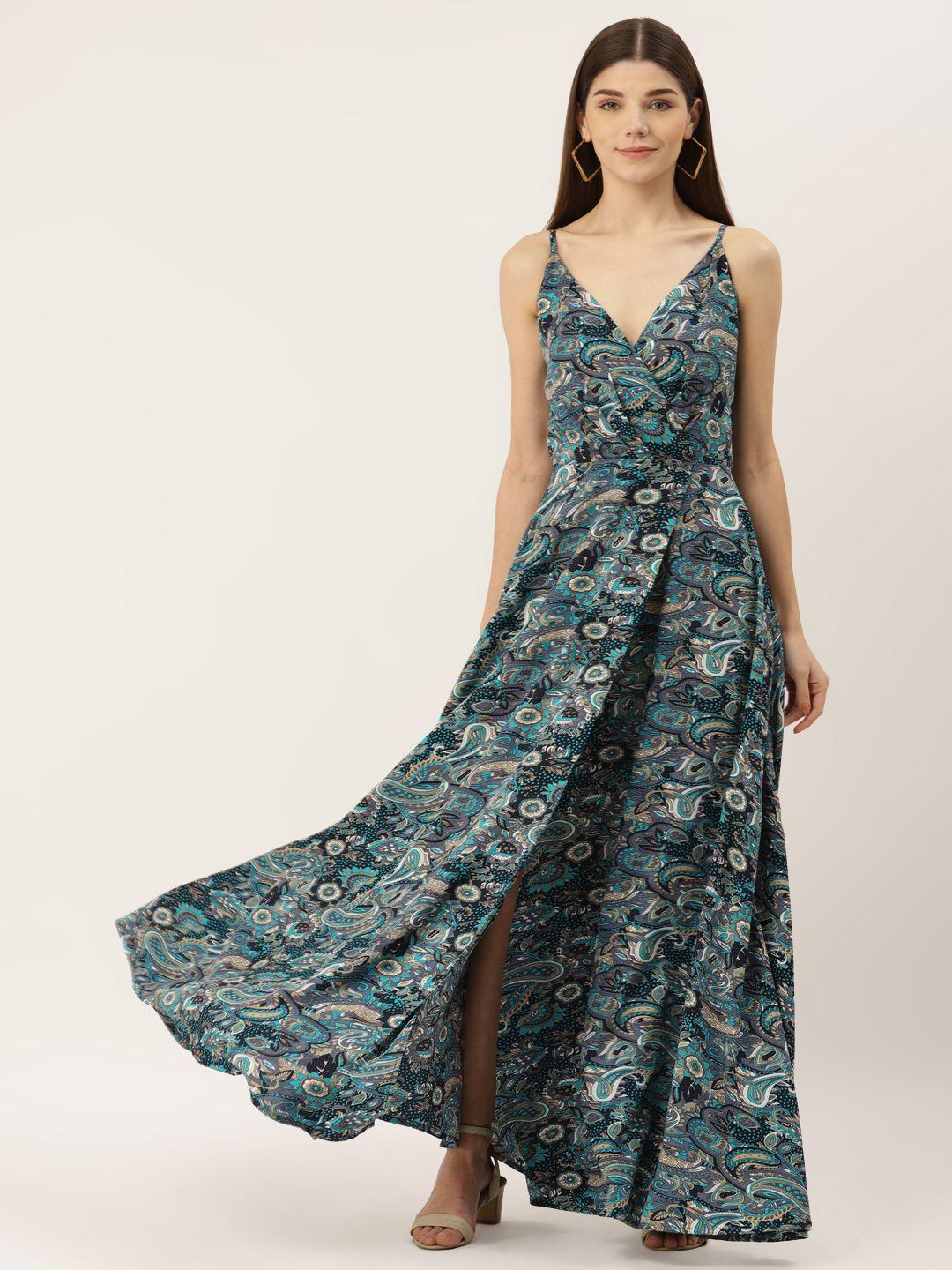 deewa beige & blue floral crepe maxi dress