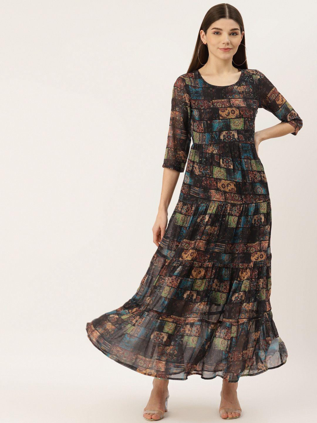 deewa black & blue abstract printed georgette tiered maxi dress