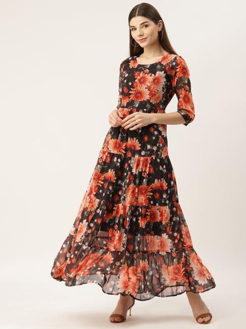 deewa black & orange floral print gown