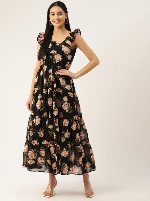 deewa black & peach floral print fit & flare dress