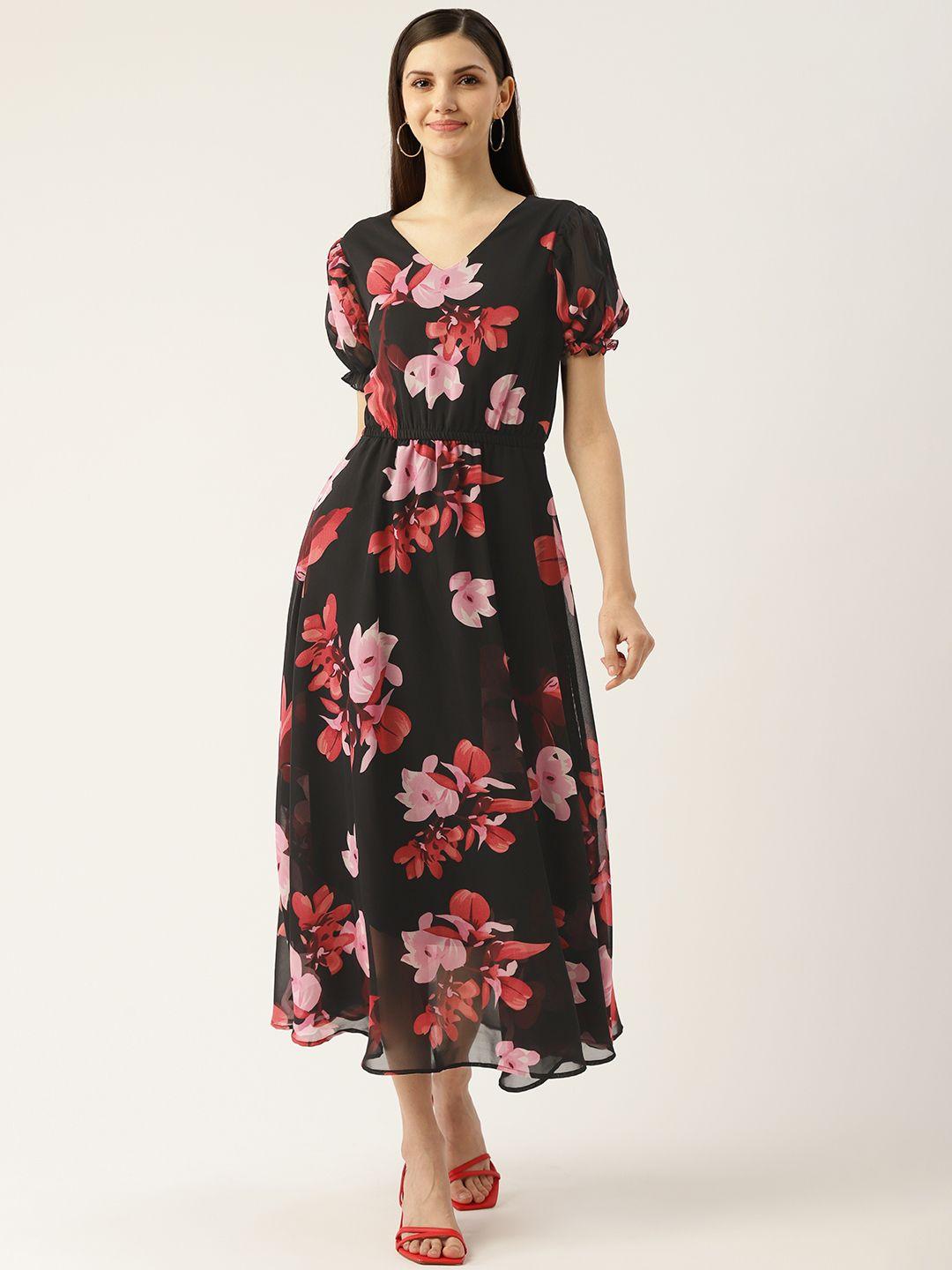 deewa black & pink floral georgette maxi dress