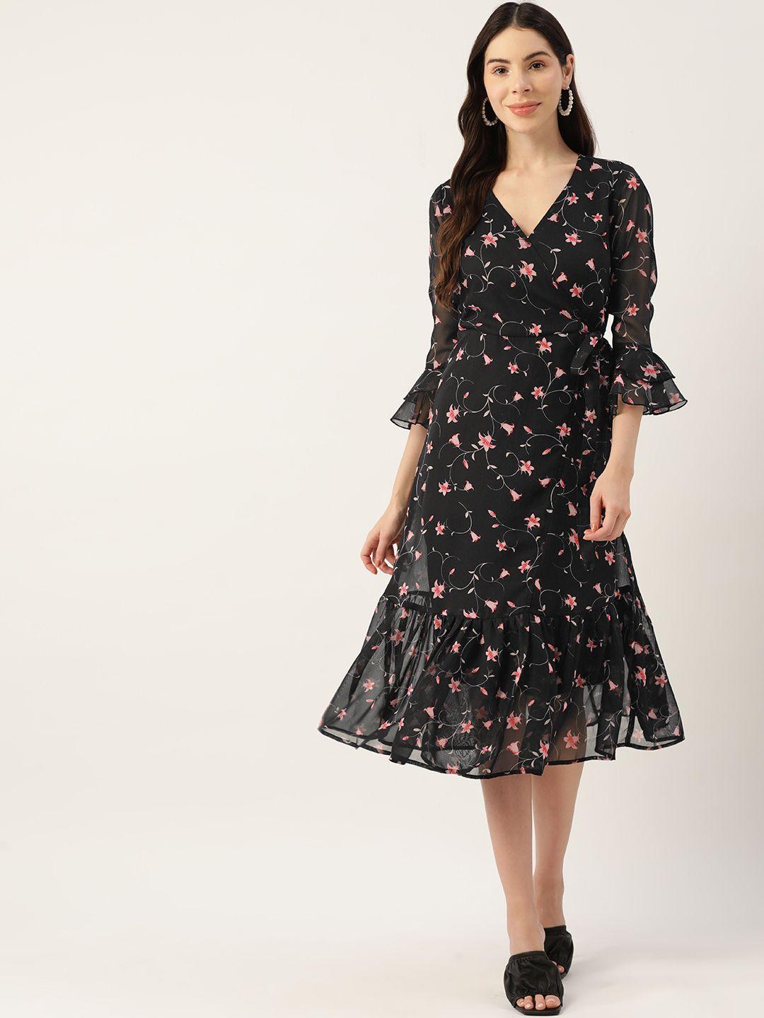 deewa black floral georgette a-line midi dress