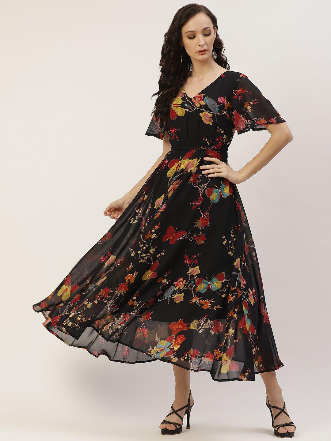 deewa black floral georgette midi dress