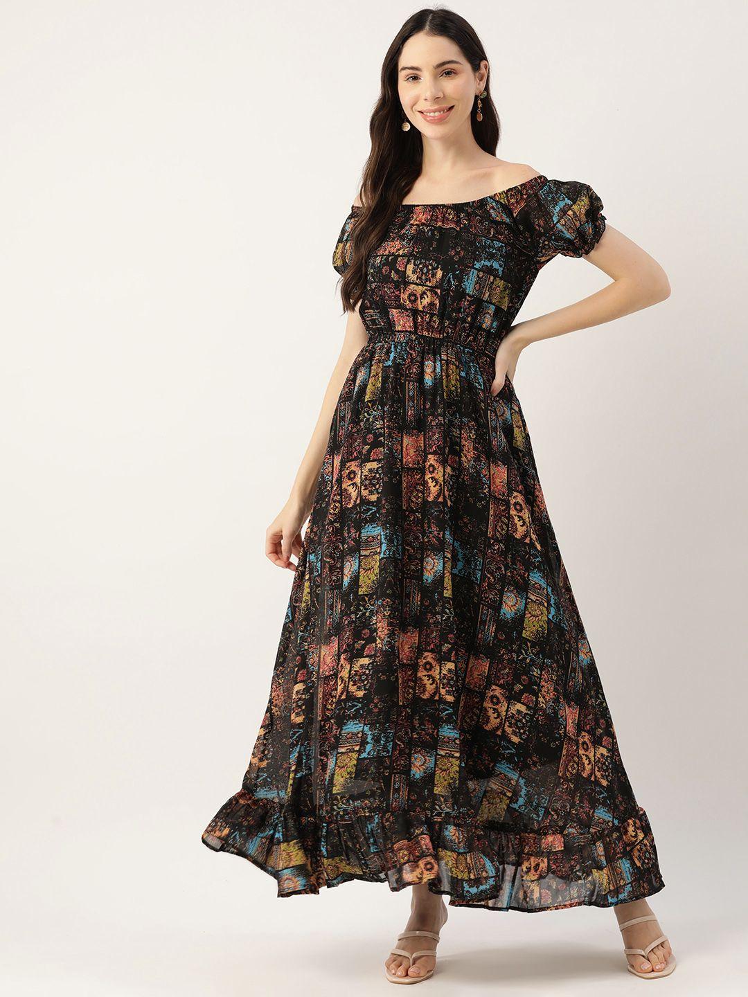 deewa black floral off-shoulder georgette maxi dress