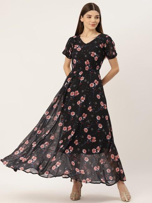 deewa black floral print gown