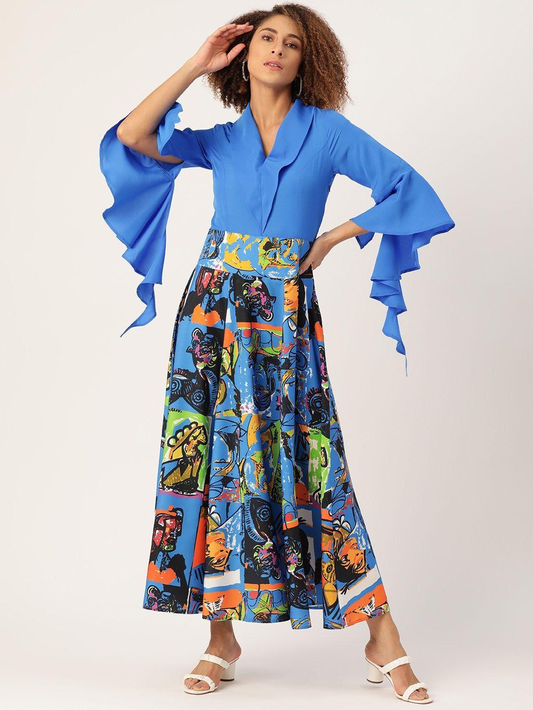 deewa blue & black crepe a-line maxi dress