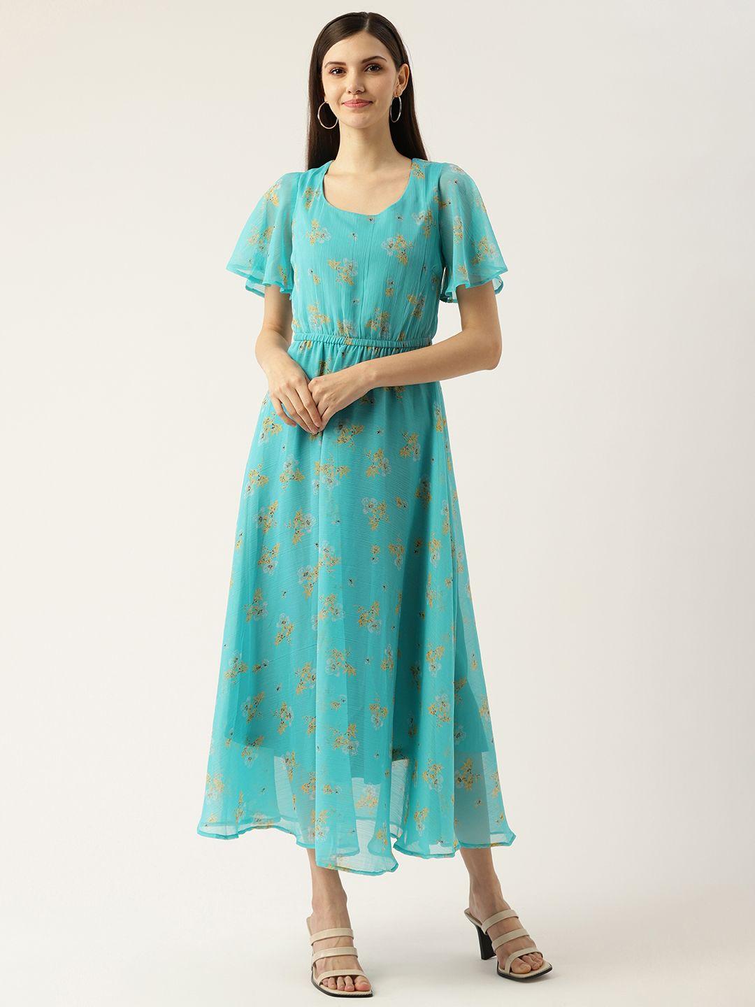 deewa blue & yellow floral chiffon maxi dress