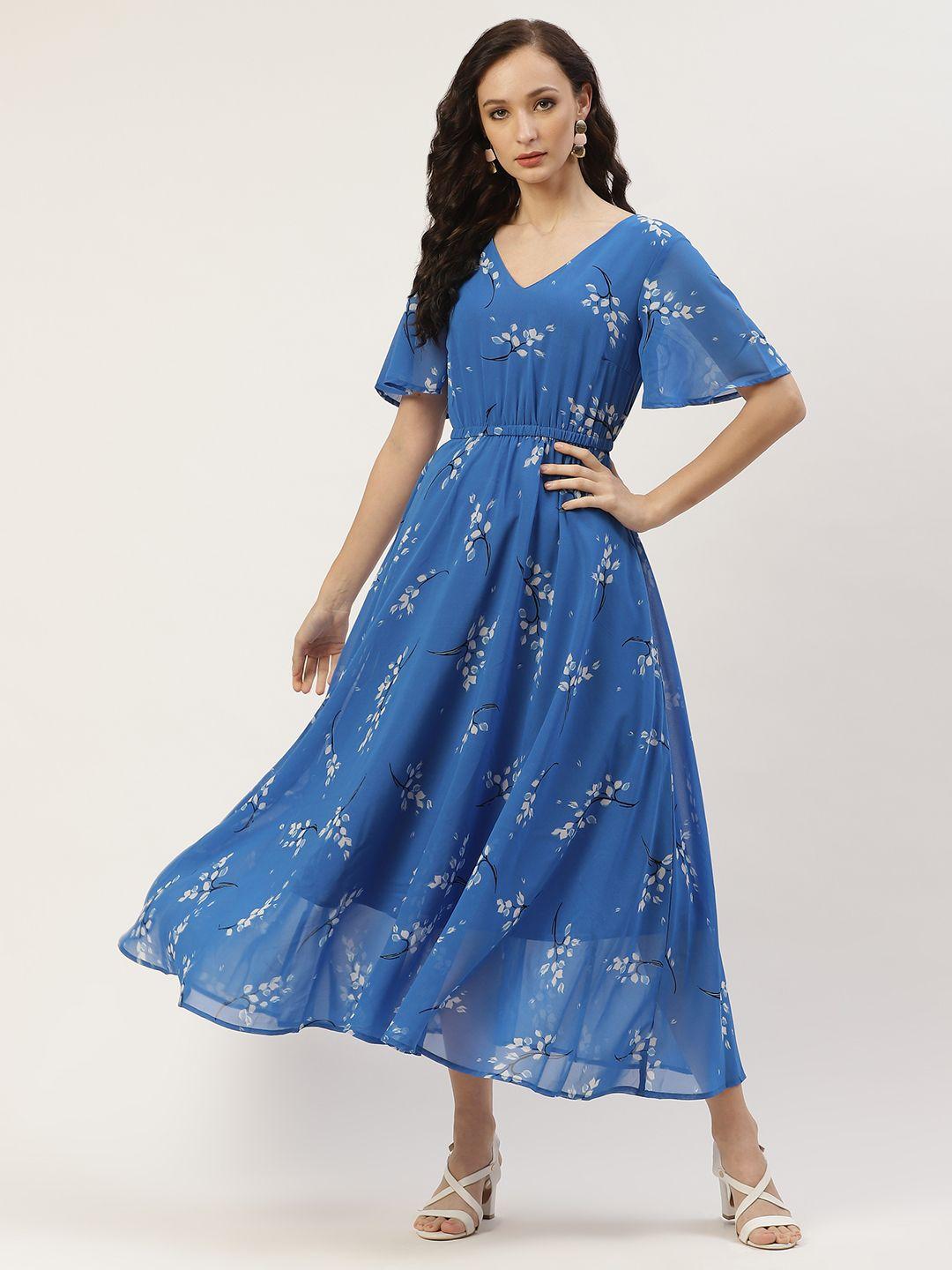 deewa blue floral georgette fit and flare dress