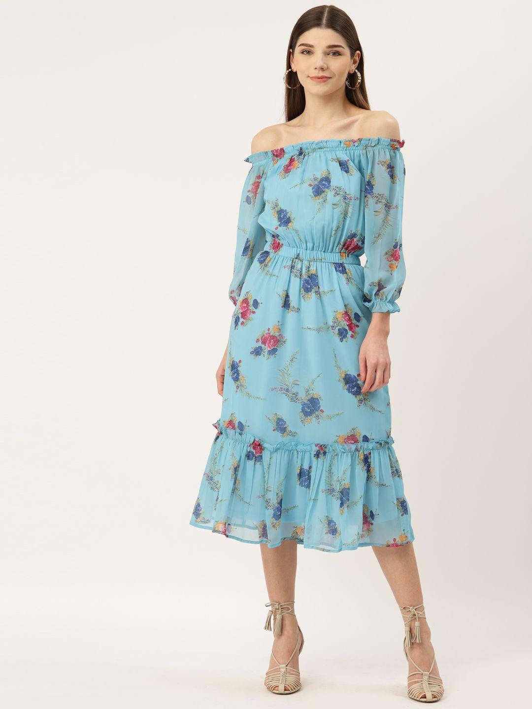 deewa blue georgette floral print off-shoulder a-line dress