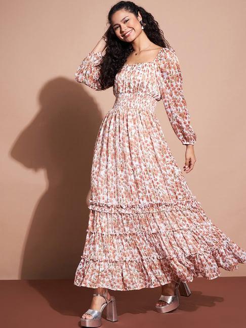 deewa brown & white floral print maxi dress