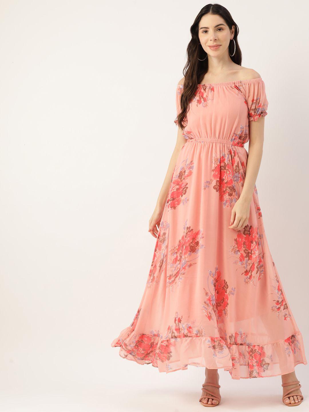 deewa coral floral off-shoulder georgette maxi dress