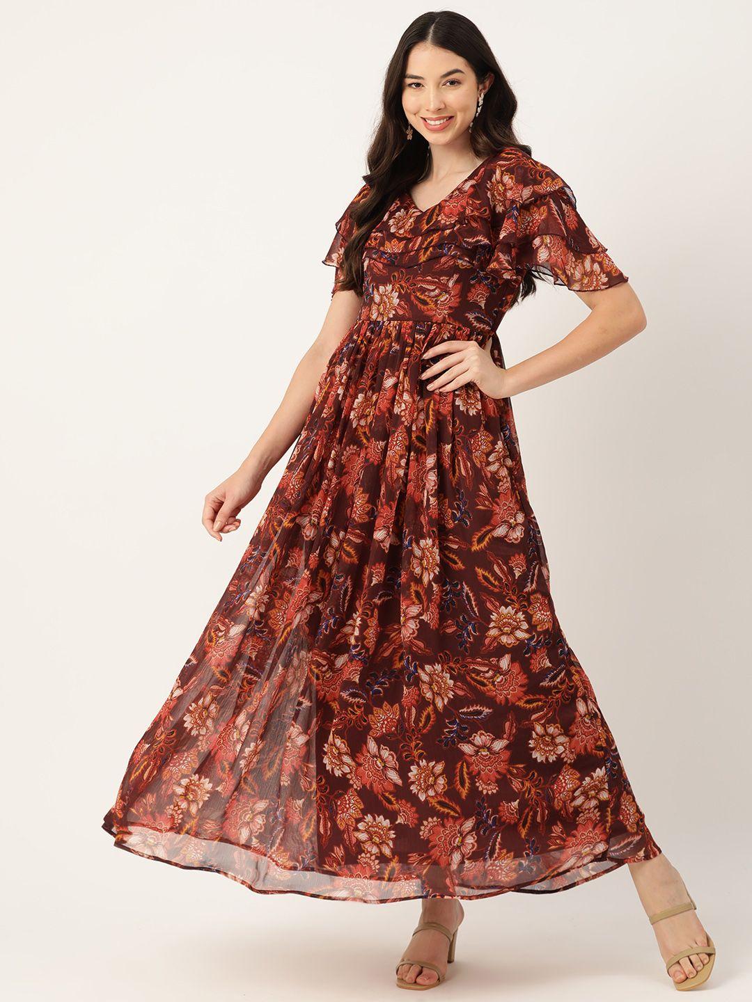 deewa floral print flared sleeve chiffon a-line maxi dress