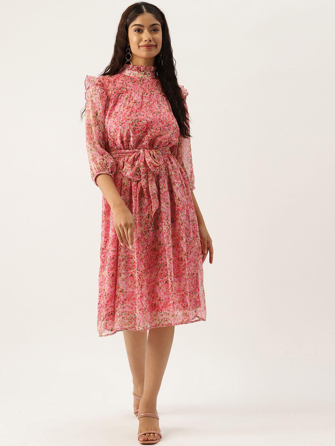 deewa floral print puff sleeve chiffon fit & flare dress