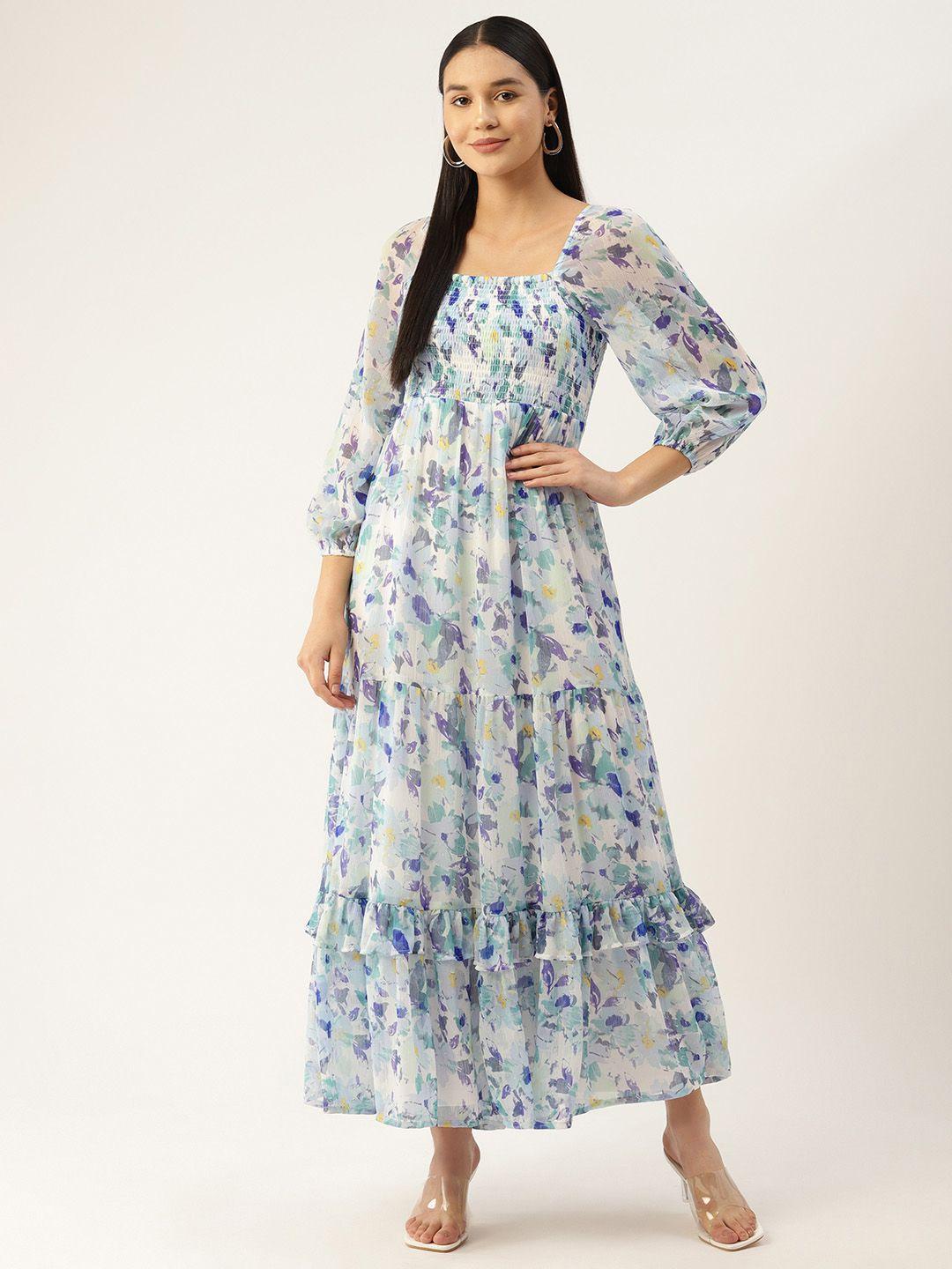 deewa floral print puff sleeves smocked chiffon a-line maxi dress