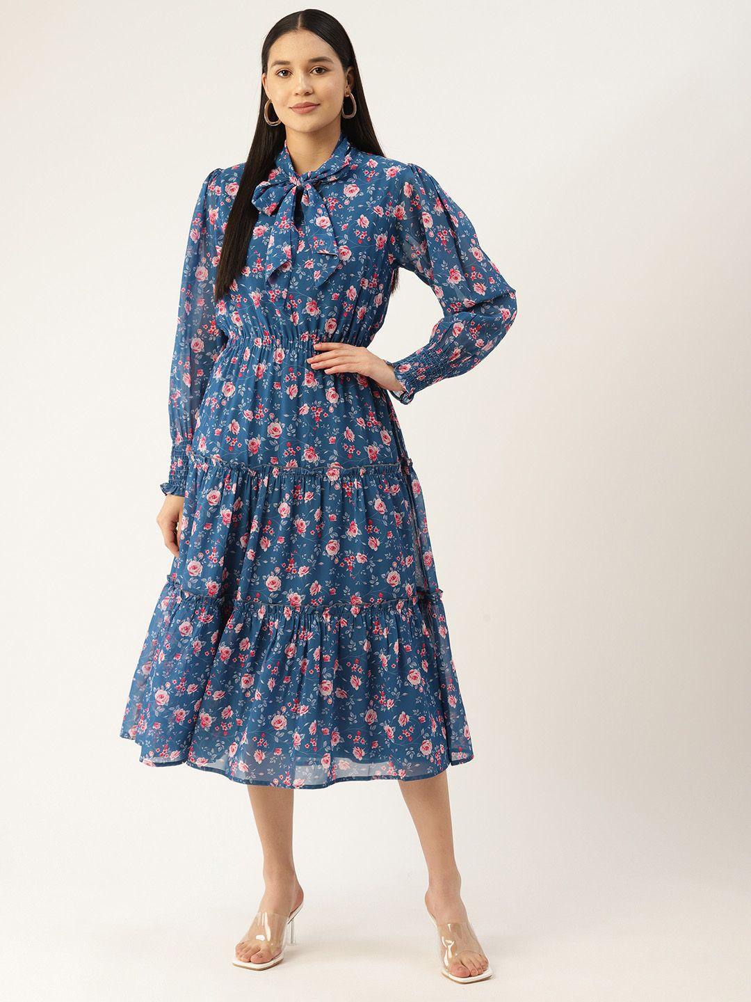 deewa floral print tie-up neck puff sleeve ruffled georgette a-line maxi dress