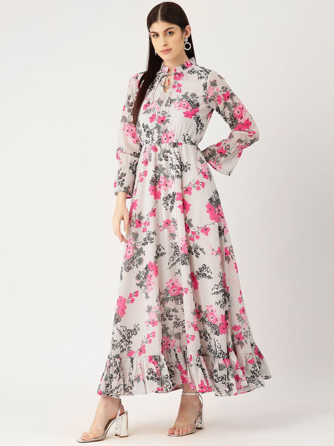 deewa floral print tie-up neck puff sleeves georgette fit & flare maxi dress