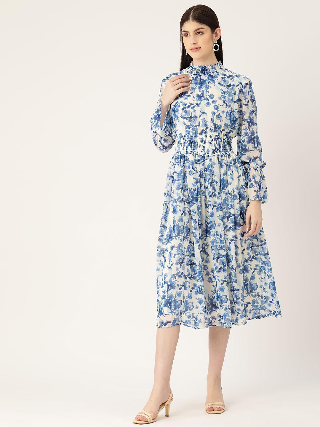 deewa floral printed puff sleeve georgette drop-waist dress