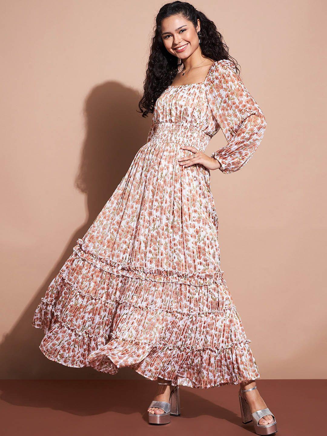 deewa floral printed puff sleeve square neck georgette fit & flare maxi dress