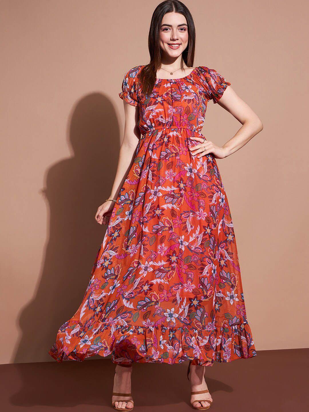 deewa floral printed puff sleeves georgette fit & flare maxi dress