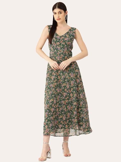 deewa forest green floral print a-line dress