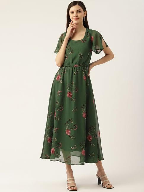 deewa forest green floral print midi dress