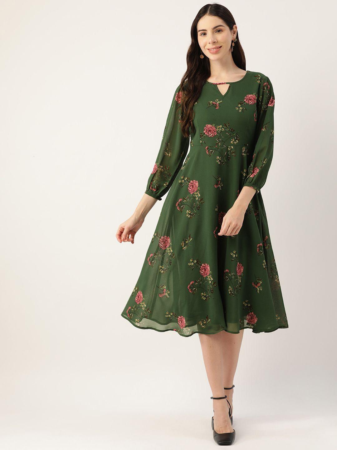 deewa green & pink floral keyhole neck georgette a-line midi dress