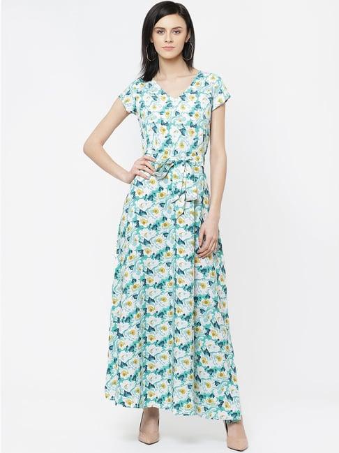 deewa green & white floral print gown