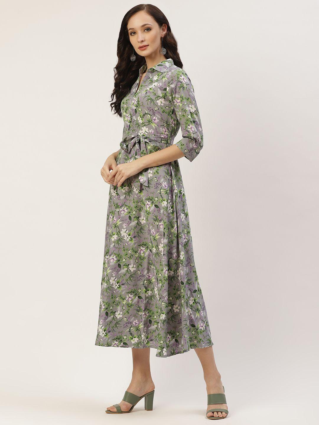 deewa grey & white floral crepe midi dress