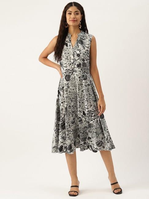 deewa grey & white floral print a line dress