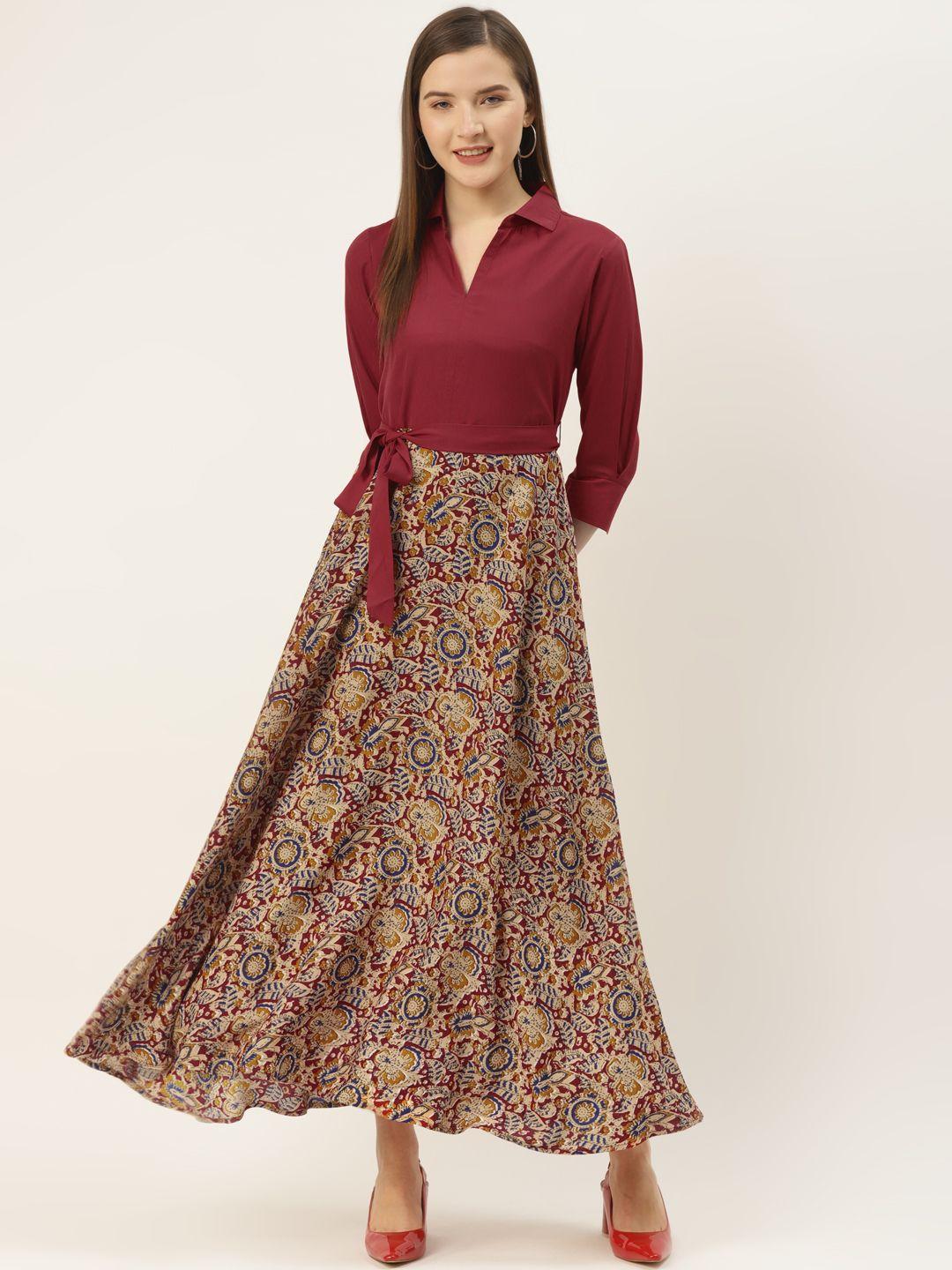 deewa maroon & beige ethnic printed maxi dress