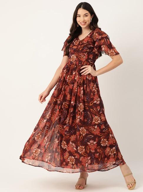 deewa maroon & orange floral print fit & flare dress