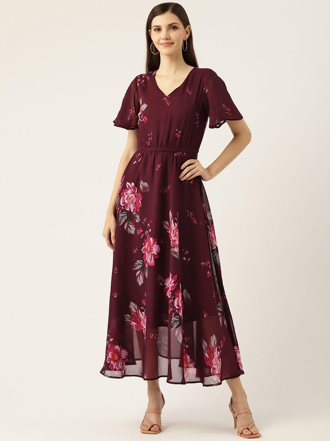 deewa maroon floral georgette maxi dress