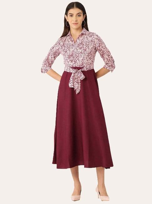 deewa maroon floral print a-line dress