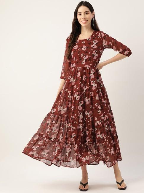 deewa maroon floral print midi dress