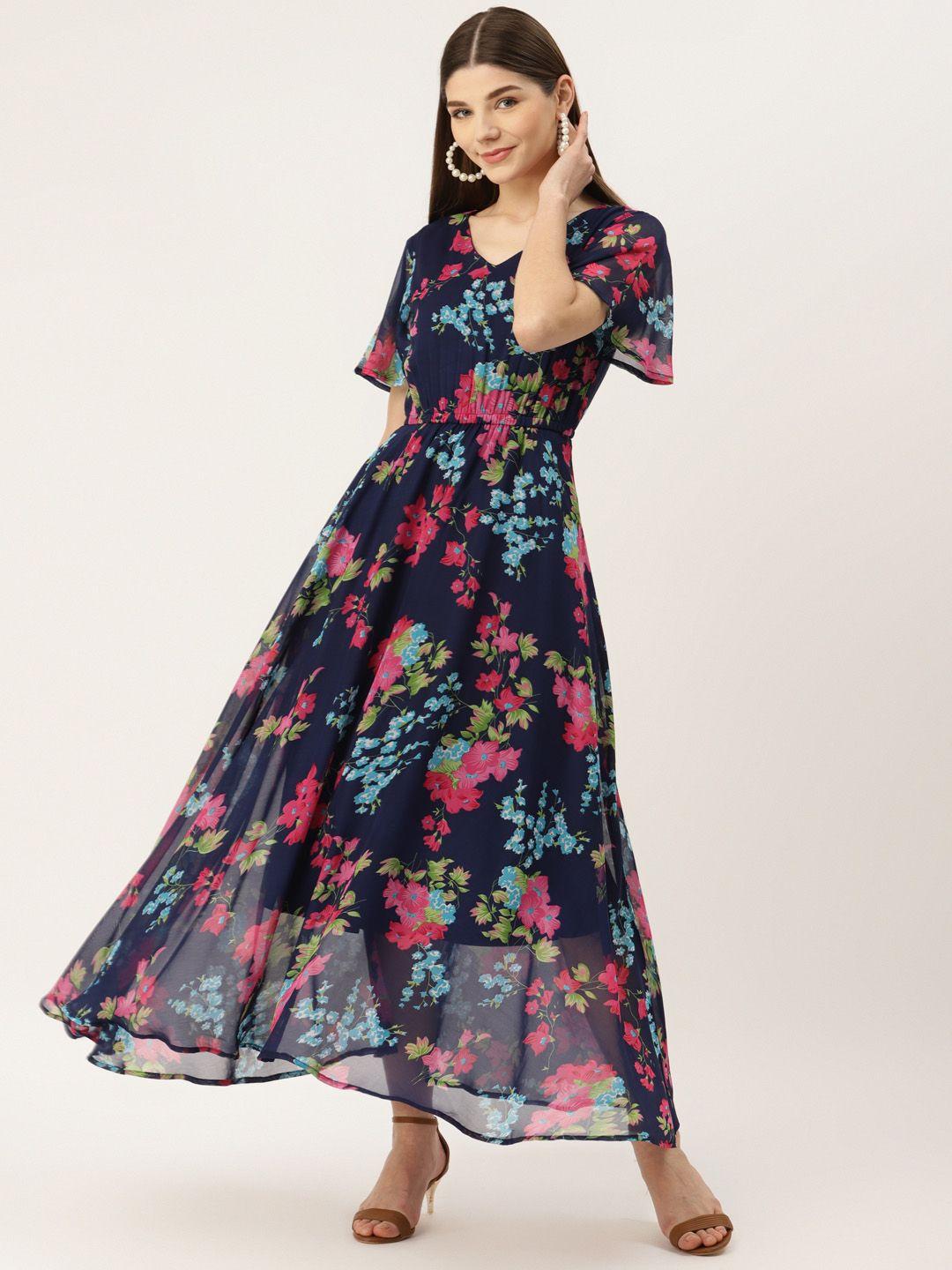 deewa navy blue & pink floral print georgette maxi dress