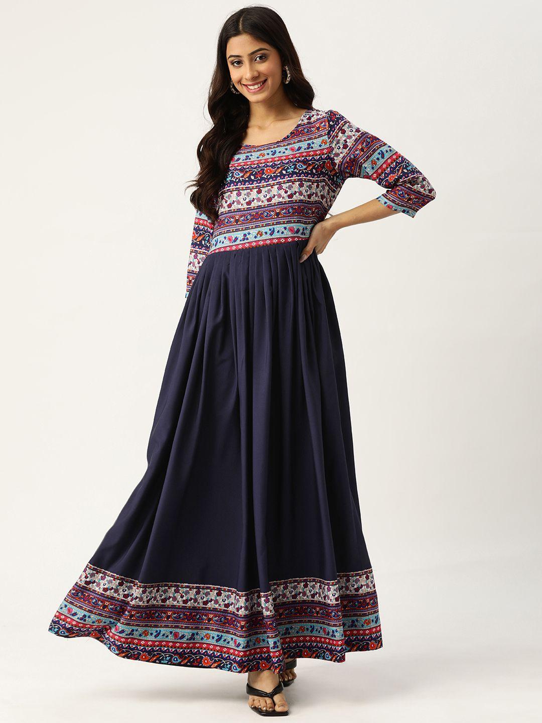 deewa navy blue & red ethnic motifs print maxi dress