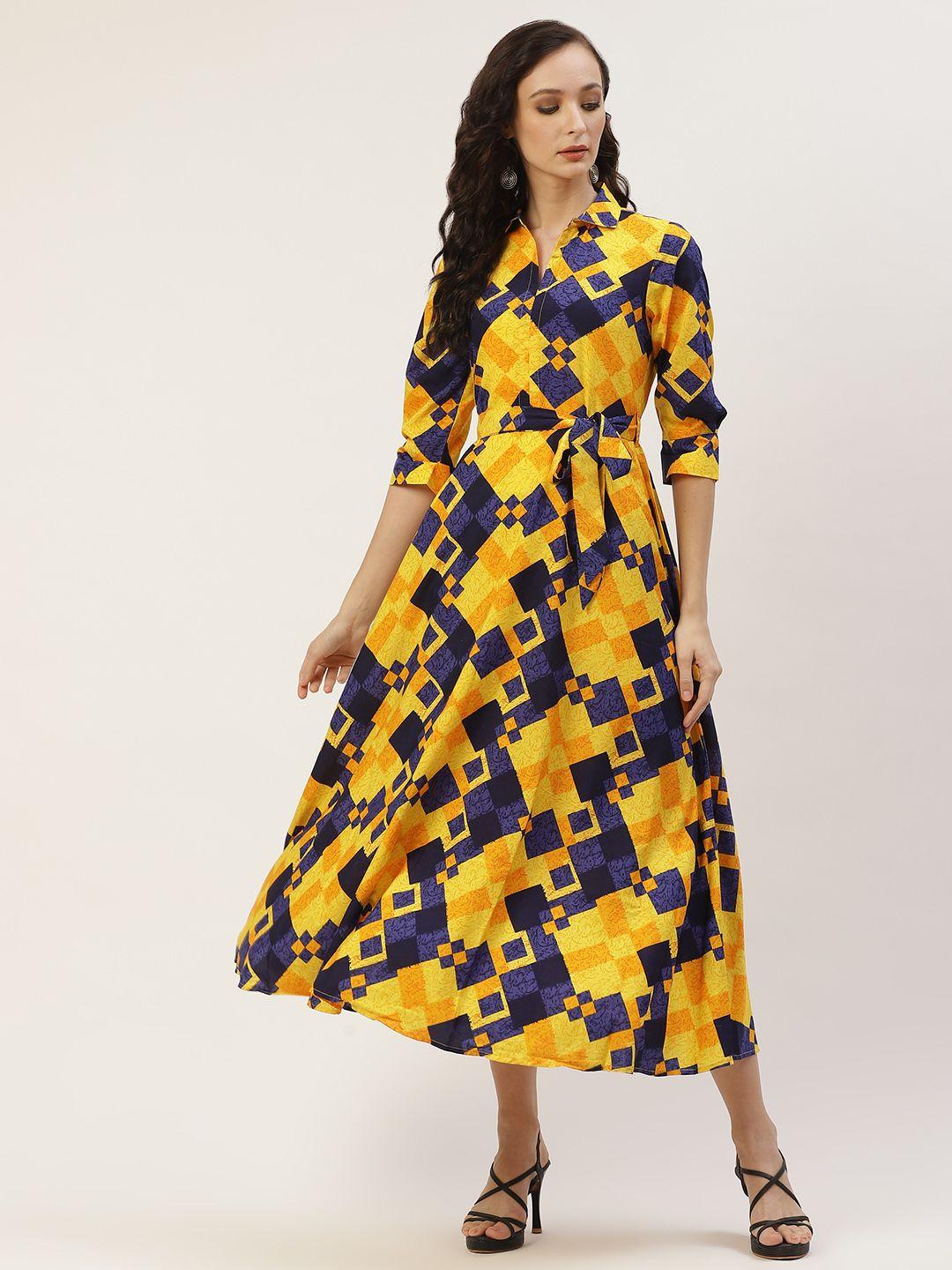 deewa navy blue & yellow crepe maxi dress