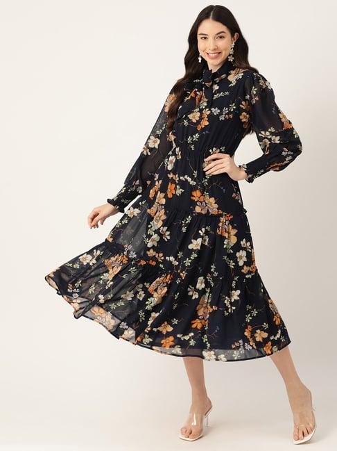 deewa navy floral print fit & flare dress