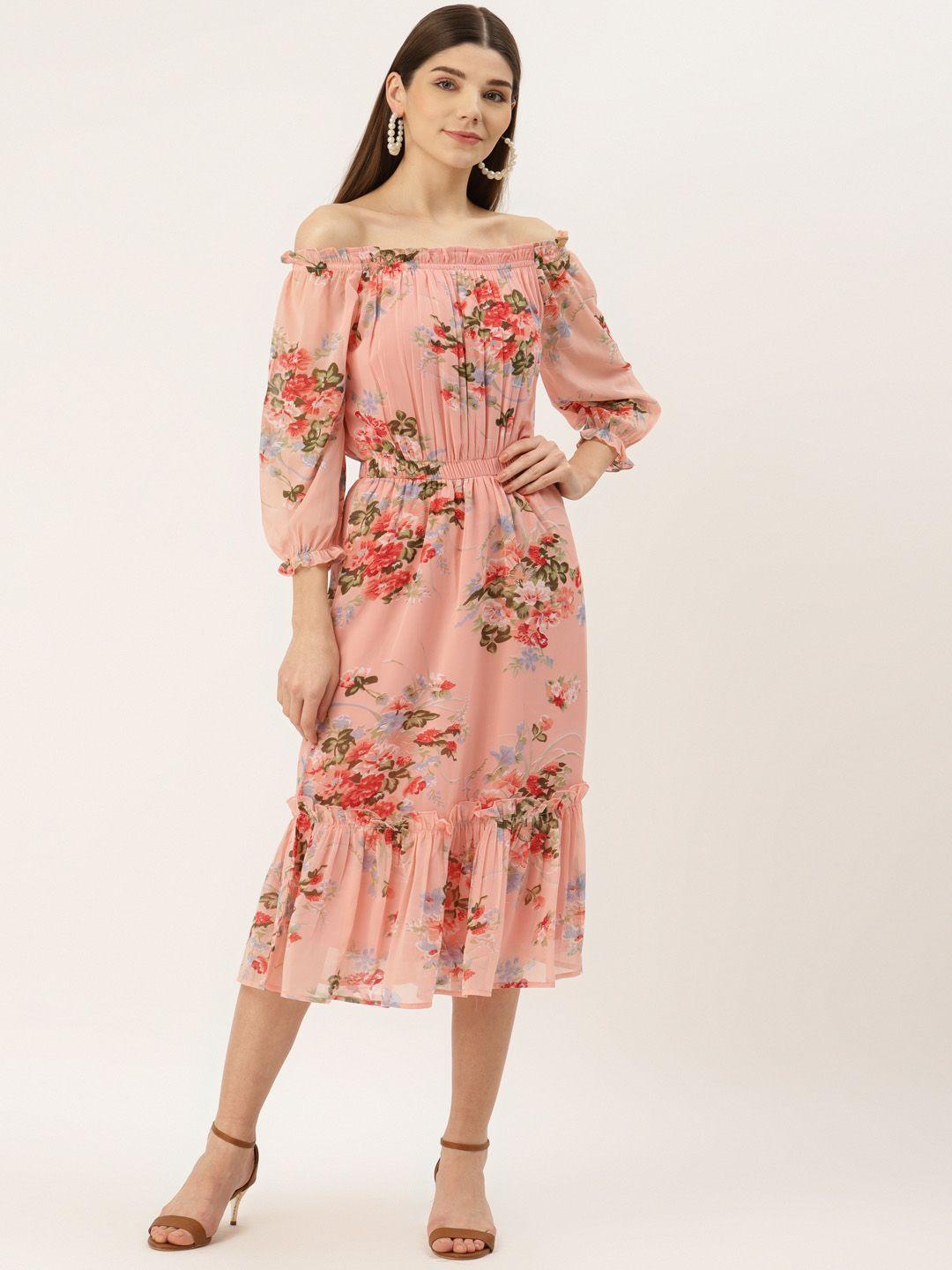 deewa peach-coloured floral off-shoulder georgette a-line midi dress
